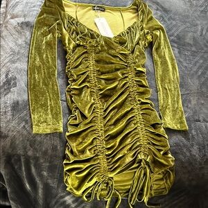 Velvet Ruched Olive Green Dress